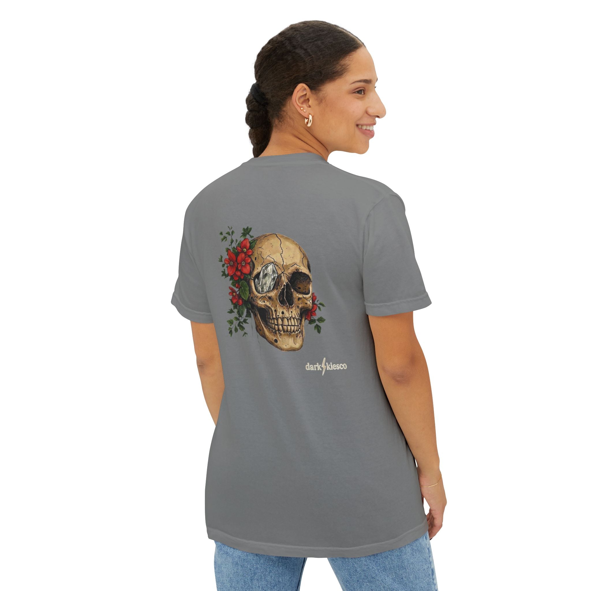 Skull & Begonias Pocket T‑Shirt — Vintage Floral Skull Graphic Tee