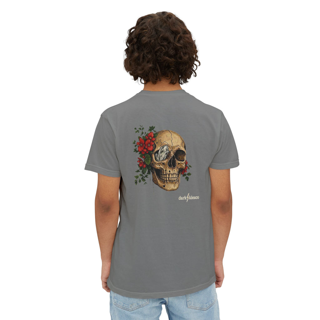 Skull & Begonias Pocket T‑Shirt — Vintage Floral Skull Graphic Tee