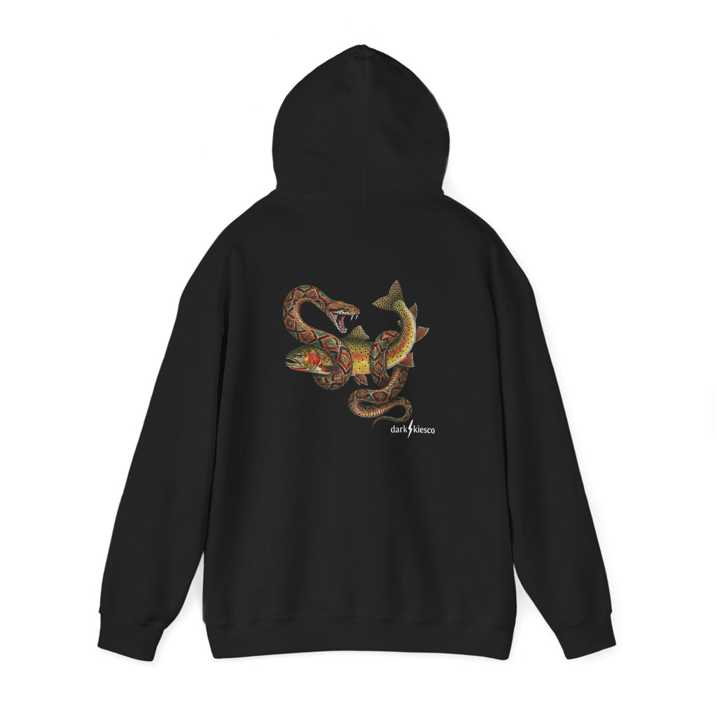 Snake & Cutthroat Graphic Hoodie — dark/peace Logo Chest & Back Art