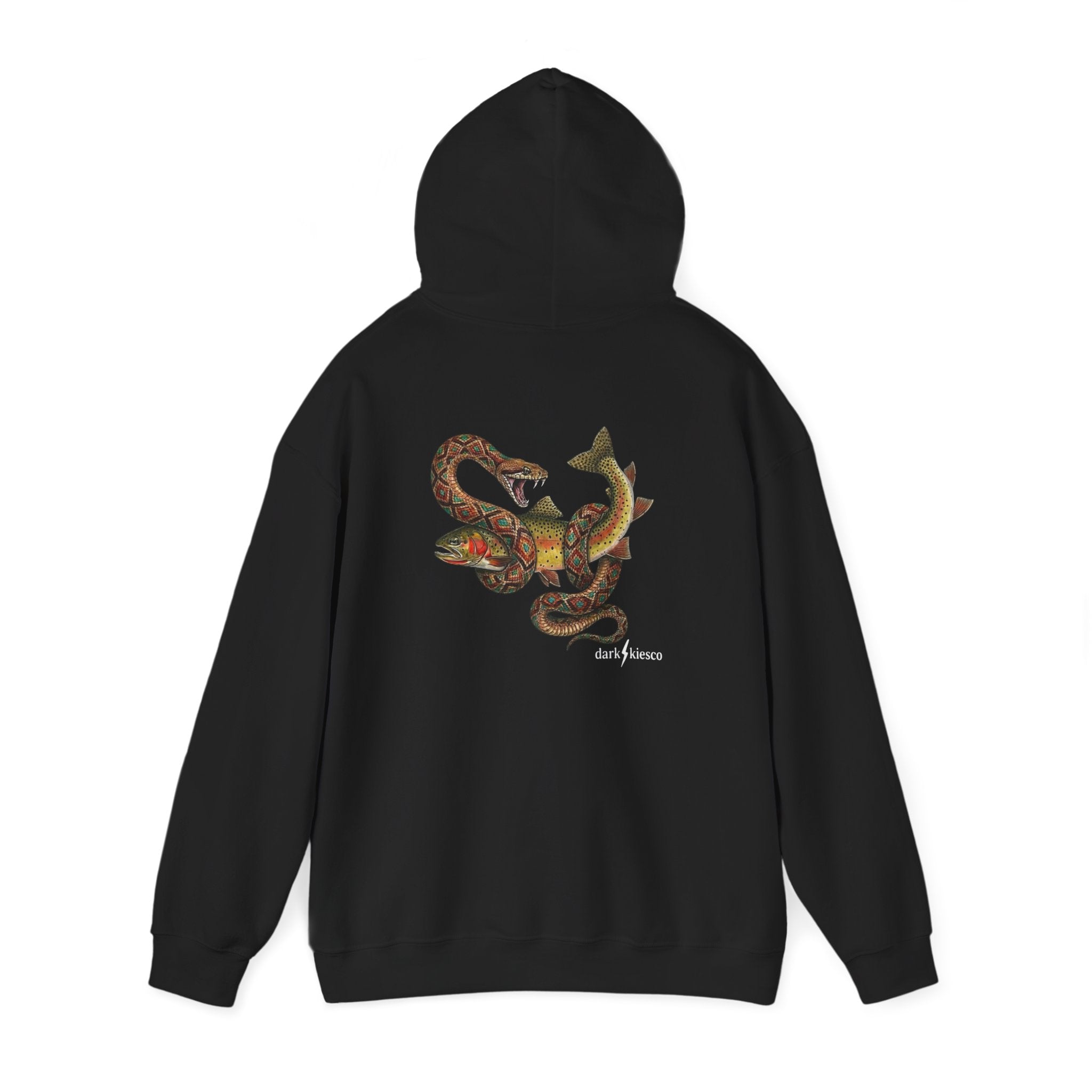 Snake & Cutthroat Graphic Hoodie — dark/peace Logo Chest & Back Art