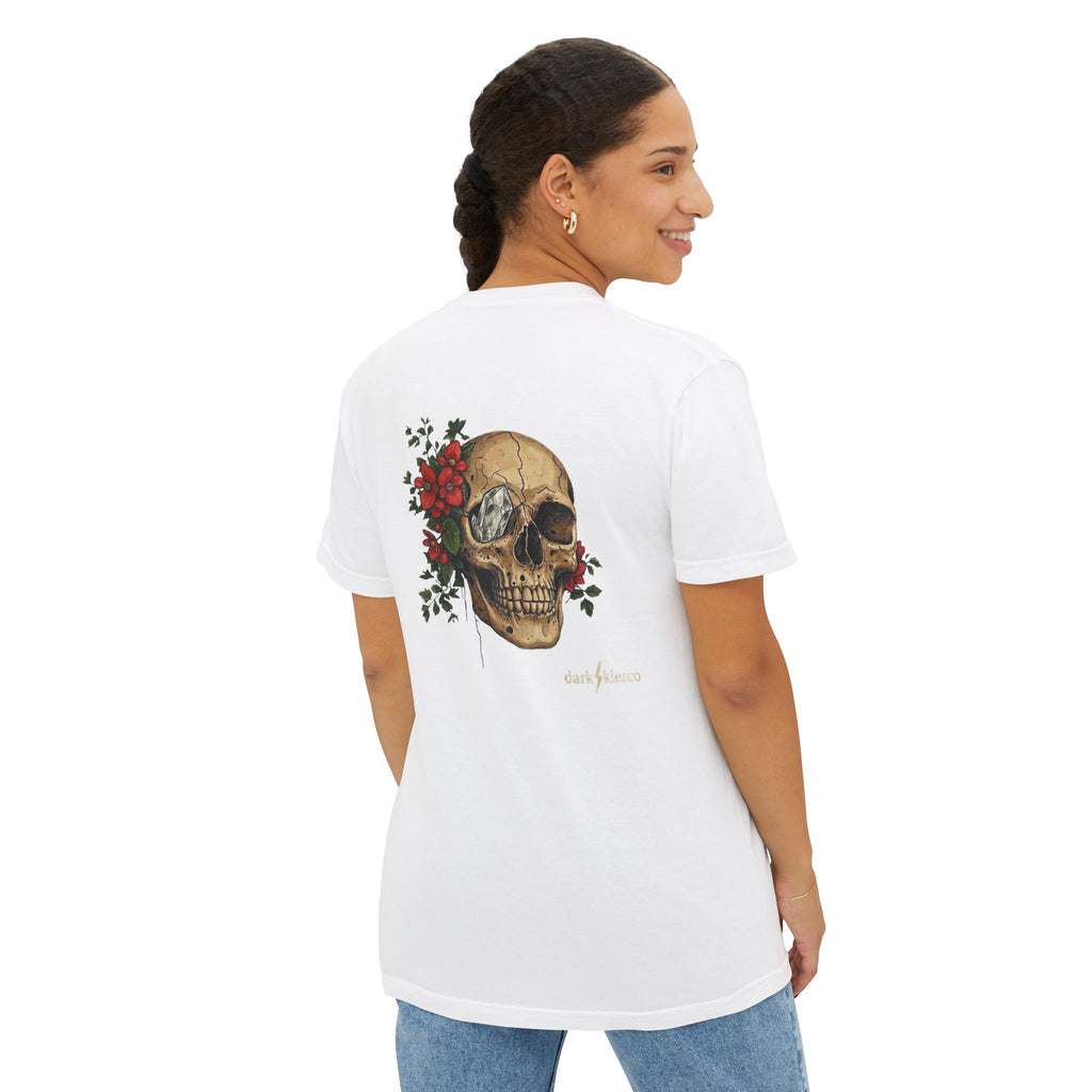 Skull & Begonias Pocket T‑Shirt — Vintage Floral Skull Graphic Tee