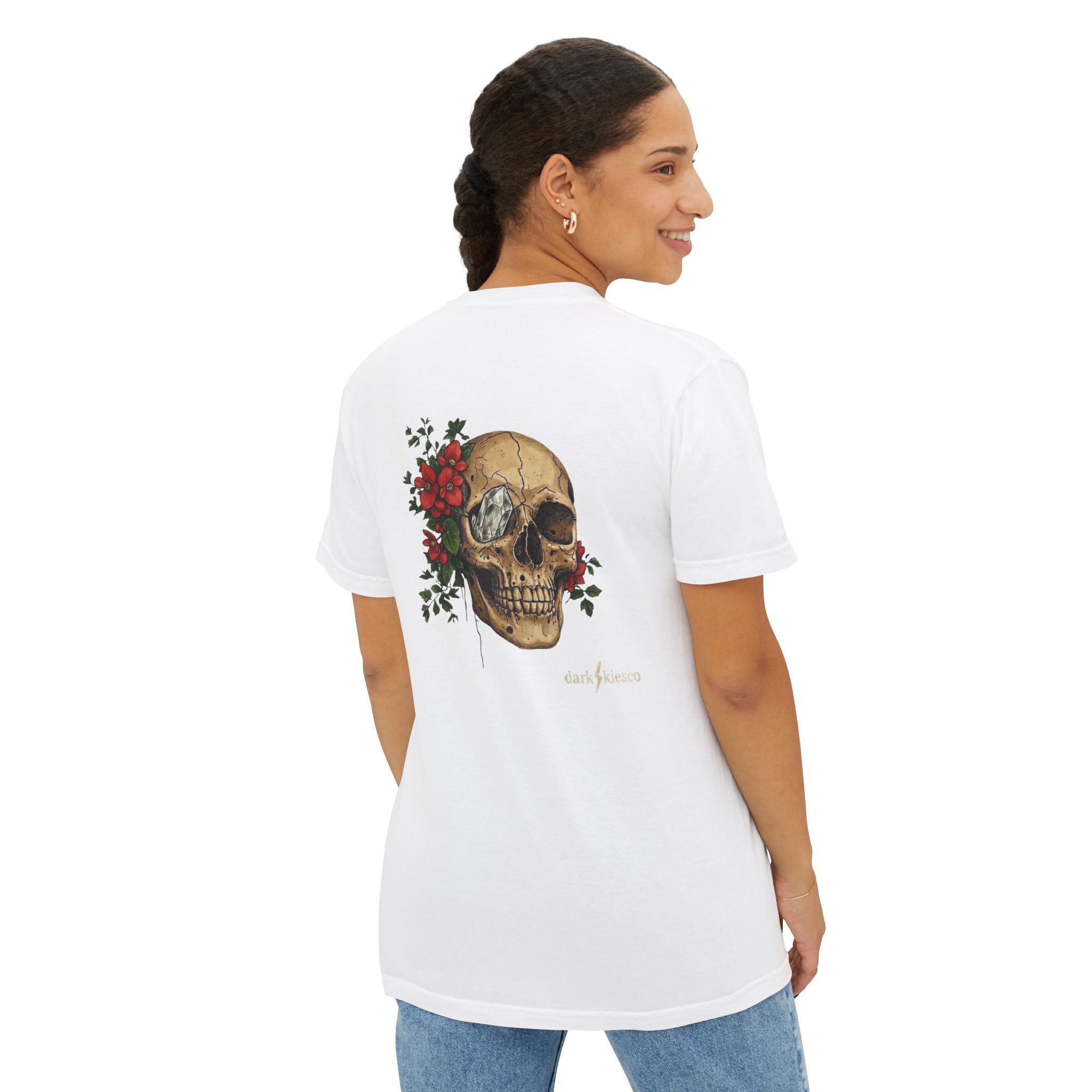 Skull & Begonias Pocket T‑Shirt — Vintage Floral Skull Graphic Tee