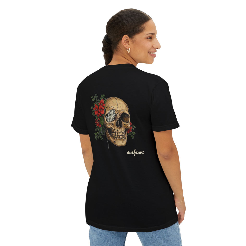 Skull & Begonias Pocket T‑Shirt — Vintage Floral Skull Graphic Tee