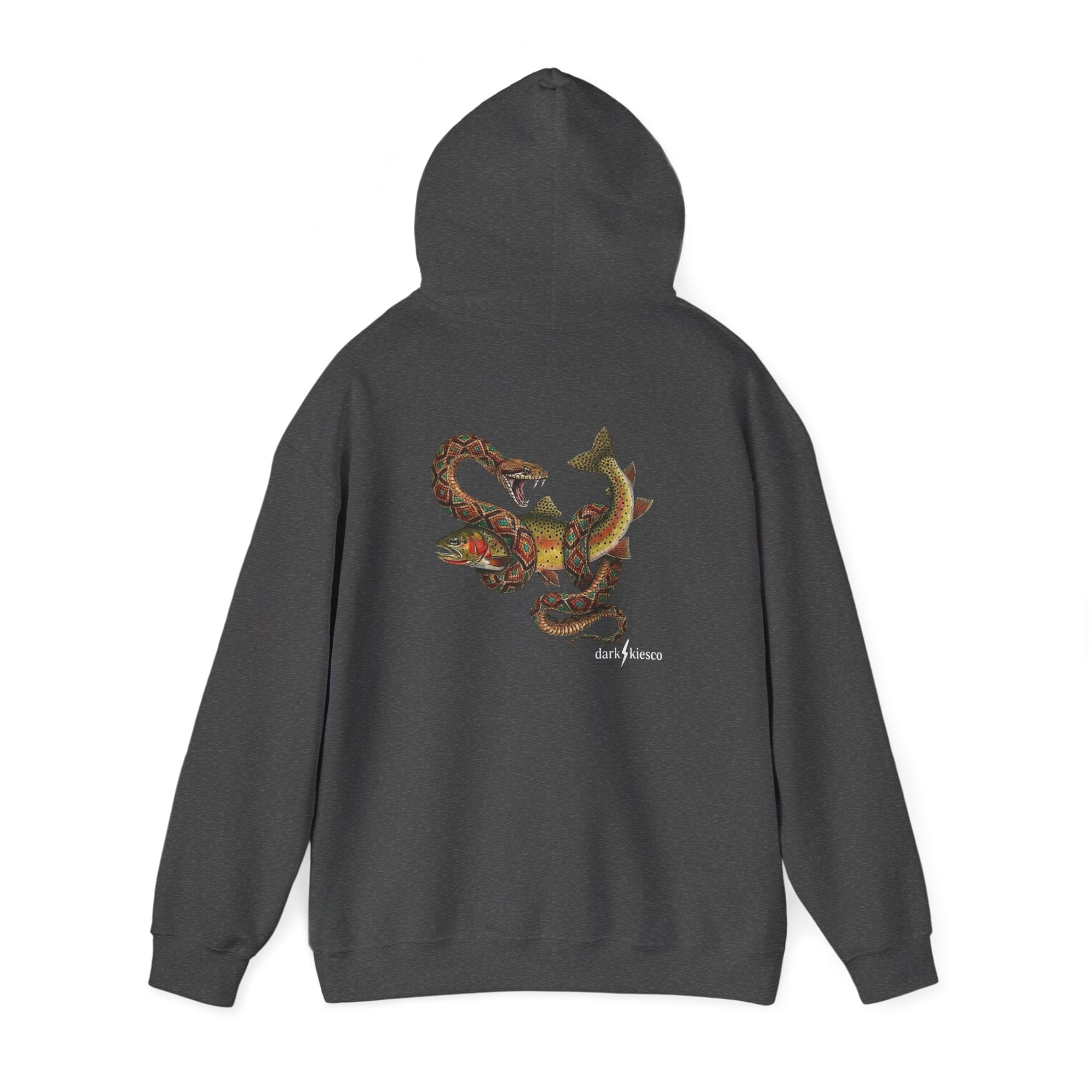 Snake & Cutthroat Graphic Hoodie — dark/peace Logo Chest & Back Art