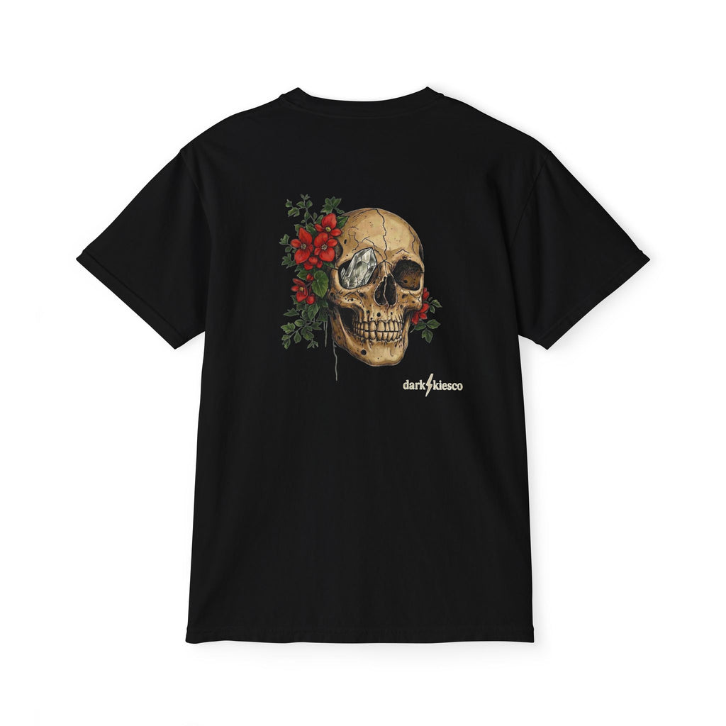 Skull & Begonias Pocket T‑Shirt — Vintage Floral Skull Graphic Tee